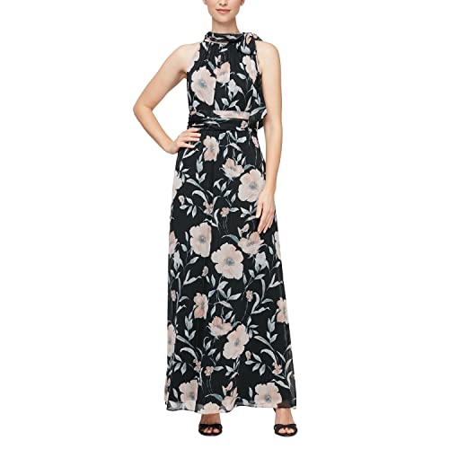 S.L. Fashions Women's Sleeveless Print Maxi Dress, Black Light Pink, 12