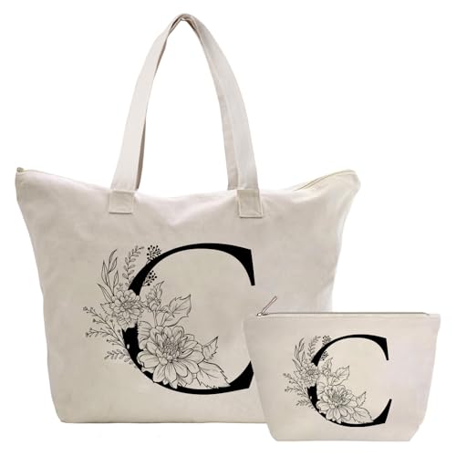 Toozen Personalizadas Bolso Tote de Mujer con Inicial, Bolsa de lona con Bolsillo Interior, Bolsa de Compras con Bolso de Cosméticos, Regalos para Damas Mejor Amigas Mamá, Regalo Cumpleaños Navidad C