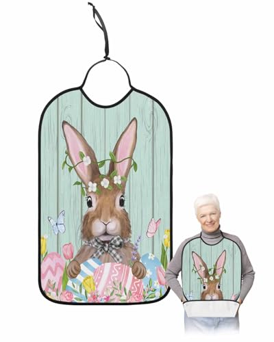 Easter Adult Bib for Adults Men, Women, Washable & Adjustable Terry Cloth Bib with Crumb Catcher Reusable Waterproof Clothing Clothes Protector Apron Spring Bunny Easter Egg Flower Aqua Wood Grain