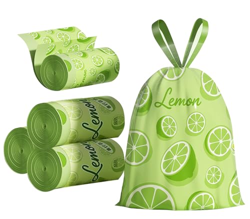 200pcs 4 Gallon Trash Bags Drawstring Tear-Free Separated Plastic Can Liner for Bathroom Office Home Bedroom Small Garbage Basket Bags (green lemon, 200Counts)