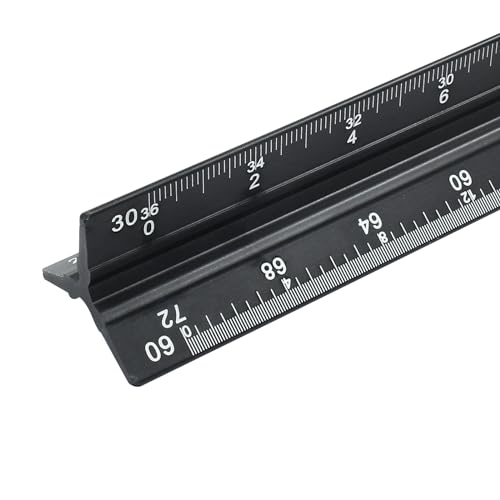 Piutouyar 12 Inch Engineer Scale Ruler, Metal Engineering Ruler Aluminum Laser-Etched Triangular Drafting Tool for Civil Engineering Drafting, Imperial Scale 1:10, 1:20, 1:30, 1:40, 1:50, 1:60(Black)