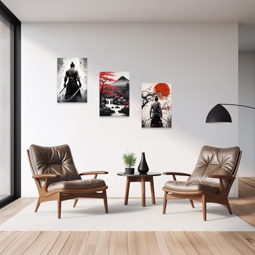 Image of CCWACPP 3 Piece Samurai Wall Art Japan Painting Canvas Print Warrior Figure Pictures Bushido Posters Japanese Culture Theme Artwork Home Room Decor Framed (C, (16 inchx24 inchx3))