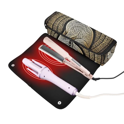 Organizador de herramientas para cabello 2 en 1 con tapete resistente al calor y cierre con cremallera, impermeable, para planchas, rizadores y alisadores, con arte de gato y caligrafía árabe dorada miniatura 2