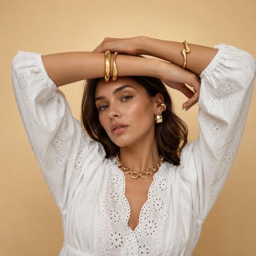 3Pcs Chunky Gold Bangle Bracelets for Women Trendy 14K Gold Plated Cuff Bracelets Stack, Dainty Gold Bracelet Sets Non Tarnish Fashion Jewelry Gift