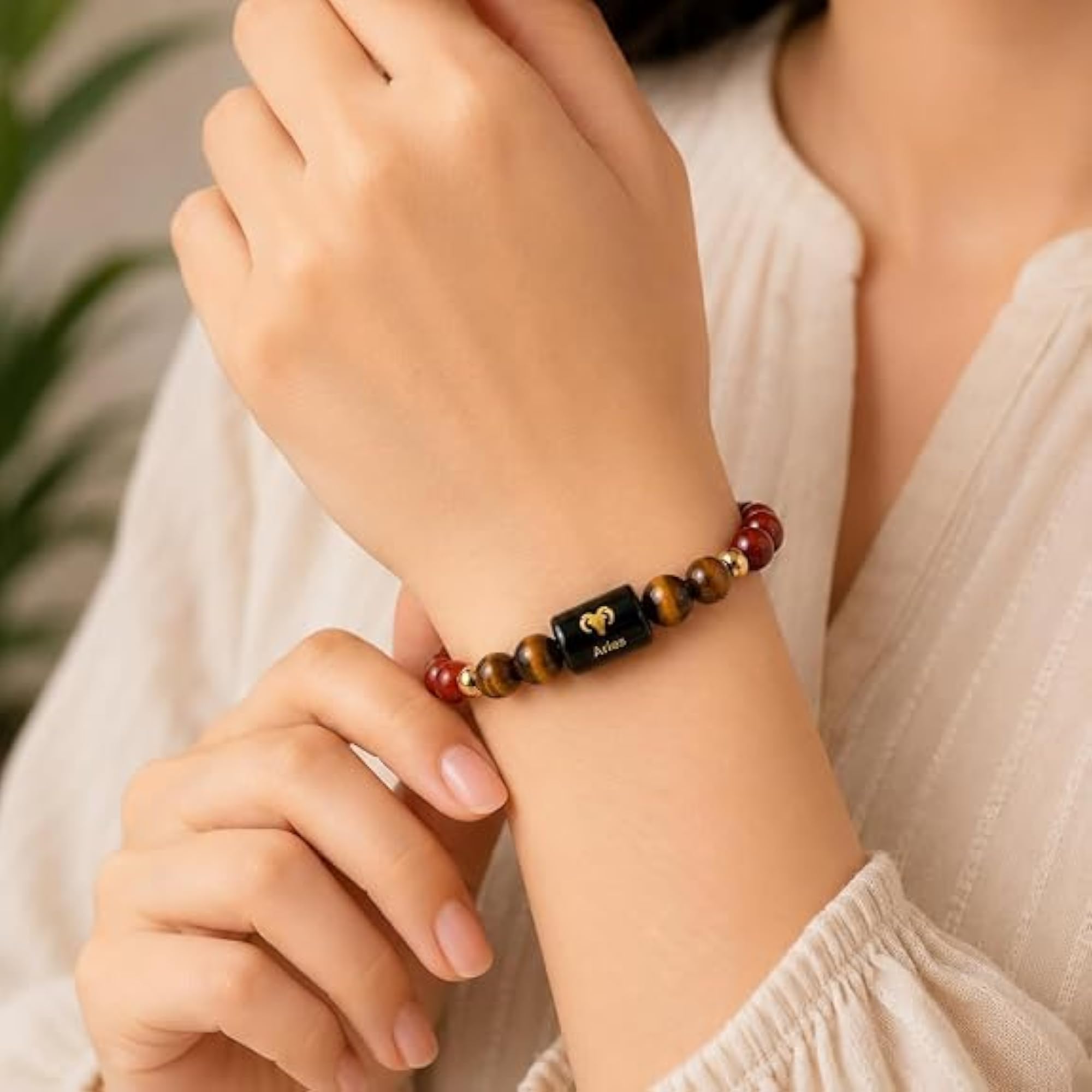 Aries Zodiac Red Jasper & Tiger Eye Stretch Bracelet