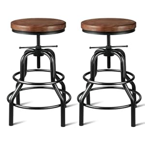 SXXjiaju Industrial Bar Stool- Vintage Bar Stools Round Wood Metal Stool Counter,Rustic Bar Stools with Round Solid Wood Metal Stool Adjustable Farmhouse Kitchen/Dining/Cafe Chair(Set of 2)