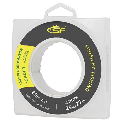 SF 100% Pure Fluorocarbon Leader Material Fishing Line Virtually Invisible Shock Resistant Increased Sensitivity Sink Fast Clear for Saltwater Freshwater 25yd 80LB