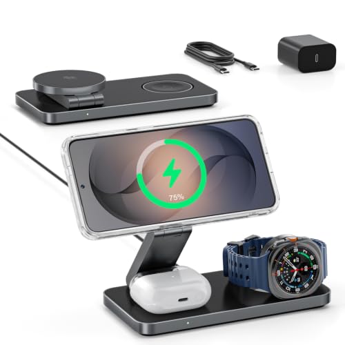 3 in 1 Magnetic Wireless Charger for Samsung, Qi2 25W Fast Charging Station Compatible with MagSafe for Galaxy S26/S25/S24/S23/Ultra/Plus/Z Fold/Flip, Watch Ultra/8/7/6/5 & Buds (35W Adapter)-Black