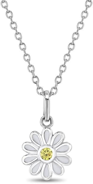 925 Sterling Silver Yellow Cubic Zirconia Daisy Flower Pendant Necklace for Little Girls 16" - Floral Whimsical Wildflower Charm Pendant For Young Girls - Trendy Daisy Flower Jewelry