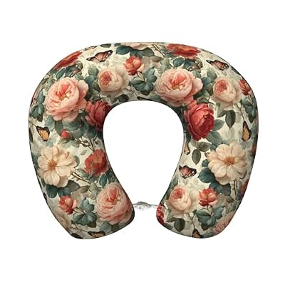 Qewfoju Neck Pillows for Sleeping Memory Foam Travel Pillows U Shaped Travel Neck Pillow Soft Headrest Pillow Suitable for Planes Car Office - Roses and Butterflies 1