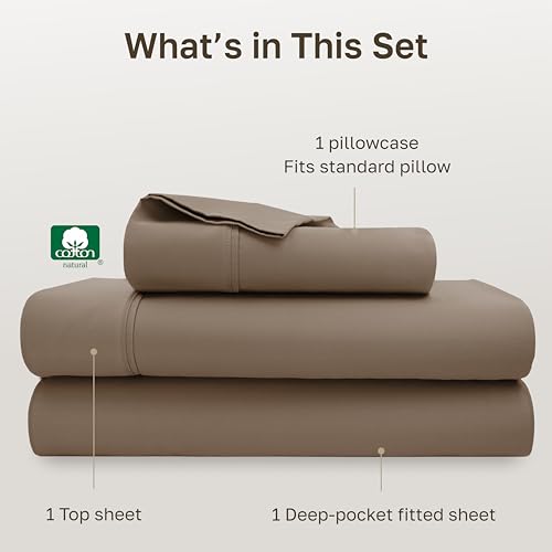 Image of California Design Den Extra Long Twin Sheets Set - Soft 400 Thread Count Sateen, Natural 100% Cotton Twin XL Sheets Set, Deep Pockets with All Around Elastic for a Snug Fit, Durable Bedding - Mocha