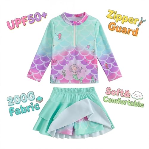Image of Girls Rash Guard Swimsuit Set UPF 50+ Long Sleeve Two Piece Swimwear Half Zip with Skirt Bottom for Kids 3-10Y