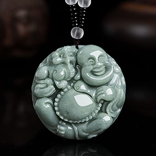 Collier Feng Shui en jade naturel de type glace avec pendentif Bouddha riant