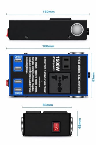 Image of Primate 1500W Car Power Inverter 12V /24V DC to 220V AC Converter with 4 USB Fast Charging Ports, 2 AC Universal Outlets, Dual Cigarette Lighter Sockets, Aluminum Alloy Car Adapter