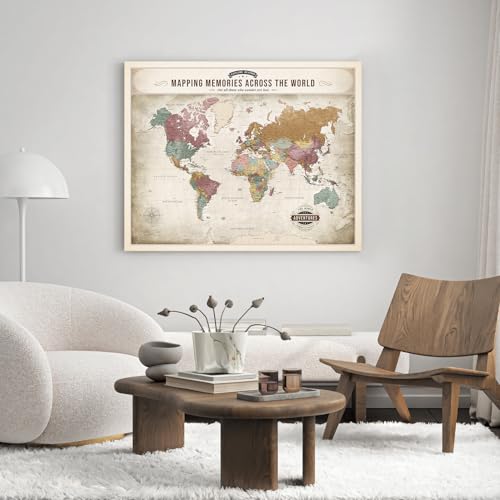 Image of DECORARTS - Large World Travel Map with Pins, Pin Board Canvas Wall Art, Soft Vintage Pastel World Maps for Wall, Giclee Print on Canvas, Handcrafted in USA, 35x28''