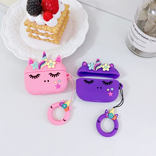 【2 Pack】 3D Pink+Purple Flower Unicorn Case For Airpod Pro/Pro 2Nd,3D Cute Airpod Pro Case For Kids Girls Teens Women,Fashion Kawaii Soft Silicone Case For Airpod Pro 2019/Pro 2Nd 2022 #TOP2