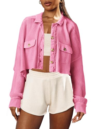 Image of Panadila Women's Cropped Waffle Knit Shacket Short Button Down Jacket Batwing Sleeve Shirts with Pocket
