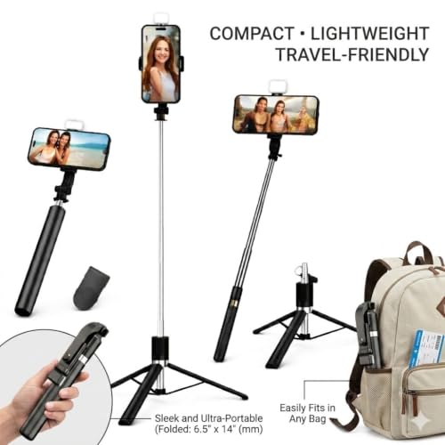 Image of KUBA Selfie Stick Tripod with Light, 67 inch 170CM Tripod for Mobile Phone, Multi Functional Bluetooth Long Selfie Stick for Travel Vlogging Compatible with iPhone and All Smartphones (Black)
