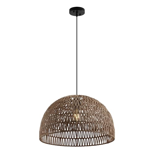 JONATHAN Y 20" Brown Modern Bohemian Woven Rope LED Pendant Light Fixture, Adjustable Dome Ceiling Lamp for Kitchen Island, Rope Shade, Coastal Farmhouse Decor (JYL6504F)