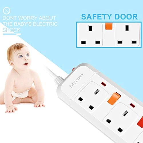 Mscien 3M Extension Lead Surge Protection 3 Way Individually Switched Power Strip With 3 Meter Extension Cord 2500W/10A3 Gang-3M Cord