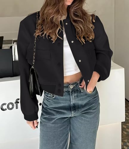 womens Cropped Bomber Jacket Button Down Varsity Jackets Shackets With Pockets3