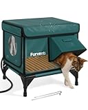 Outdoor Heated Cat House in Winter,Extremely Insulated & Weatherproof,Elevated Feral Cat Shelter with Waterproof Eaves & Escape Door for Outside Stray Barn Cat (Dark Green,S)