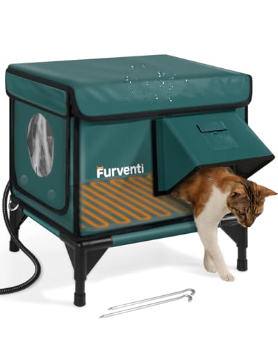 Image of Outdoor Heated Cat House in Winter,Extremely Insulated & Weatherproof,Elevated Feral Cat Shelter with Waterproof Eaves & Escape Door for Outside Stray Barn Cat (Dark Green,S.)