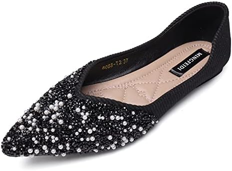 Anxle Women's Pointed Flat Shoes Non Slip Comfort Slip on Breathable Wedding Dress Bling Rhinestone Walking Flats Shoes Black 10
