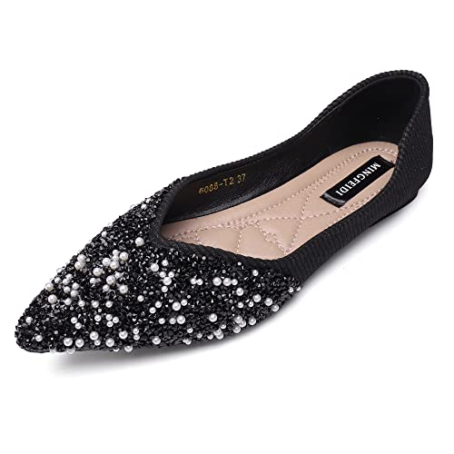 Anxle Women's Pointed Flat Shoes Non Slip Comfort Slip On Breathable Wedding Dress Bling Rhinestone Walking Flats Shoes Black 10 #TOP16