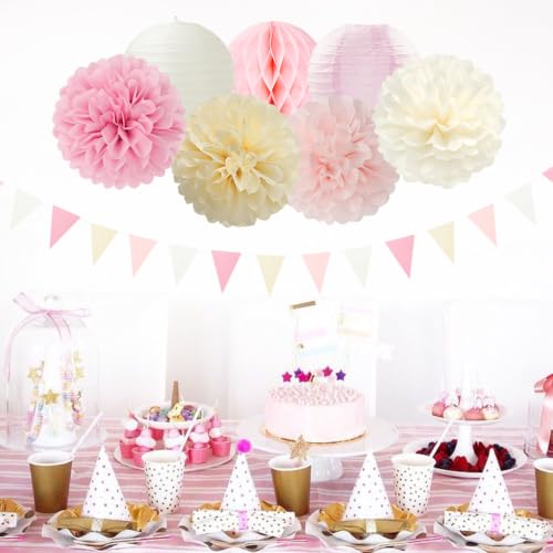 Image of Pink Beige Yellow Party-Decorations Paper-Flowers - 15pcs Tissue Pom Poms Lanterns Streamers,Birthday Baby Bridal Shower Bachelorette Hanging Supplies Hugfond