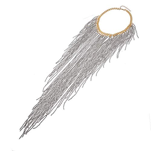 Bohemian Long Tassel Statement Bib Necklace for Women Girls Chunky Pendant Beads Collar Necklaces Costume Jewelry Gifts for Party Bridal (Silver Tone)