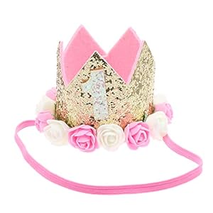 Minkissy Baby nummer bloem verjaardag kroon bloemendecor prinses tiara kroon voor meisjes baby (roze wit 1 jaar oud)
