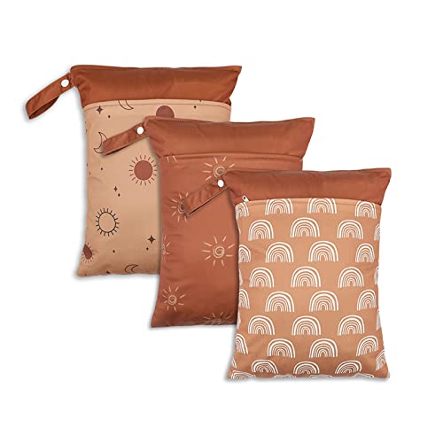 Image of 3 Pack Wet Dry Bags for Baby Diapers&Breast Pump Parts, Waterproof Reusable Wet Bag with Two Zippered Pockets & Handle, Beach Pool Gym Bag Stroller Yoga Toiletries Daycare Organizer, 11.8" x 15.7"