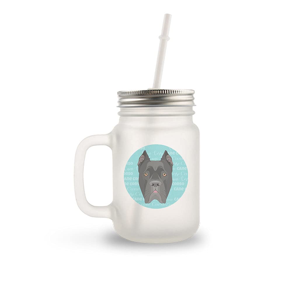 Mystic Sloth Adorable Dog Breed Design 12oz Frosted Mason Jar with Handle: Includes Lid & Straw (Cane Corso)