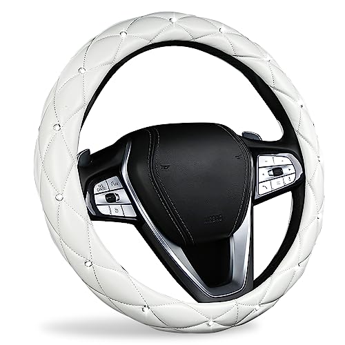Cute Sparkly White Car Steering Wheel Cover, Soft Breathable Anti-Slip PU Leather Steering Wheels Covers with Diamond Bling Rhinestone,Universal Protector Cars Accessories