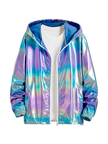 Lars Amadeus Men's Metallic Jacket Lightweight Zip Up Holographic