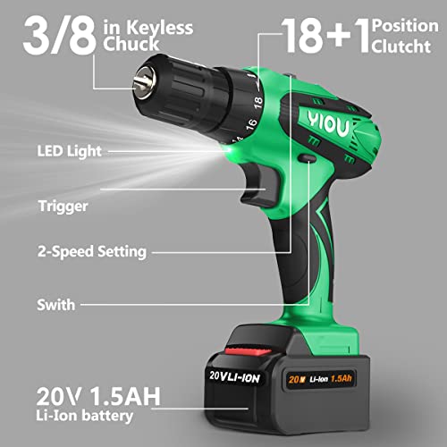 YIOU 20V MAX Cordless Drill, 18+1 Clutch, 2-Speed, 3/8" Chuck, 23PCS Drill Set, Battery Charger, Green, Home DIY Projects by YIOU - Image 2