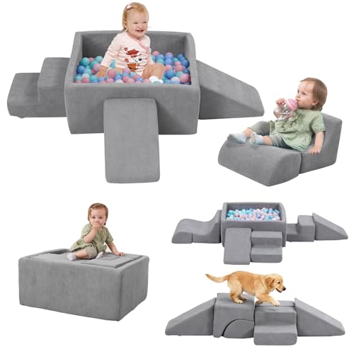 Image of MOOZHEALTH Baby Climbing Blocks with Ball Pit, 6-Piece Foam Climb & Crawl Play Set for Toddlers 1–3, Modular Soft Play Equipment with Washable Cover, Indoor Activity Toys, Gray (Balls Not Included)