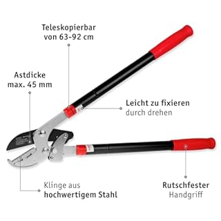 WALTER Teleskop Getriebe-Astschere - Amboss-Schere, Gartenschere, teleskopierbar 63-92 cm, Schneidet Äste bis Ø 45 mm mühelos, Rosenschere, einfache Bedienung, rutschfester Griff