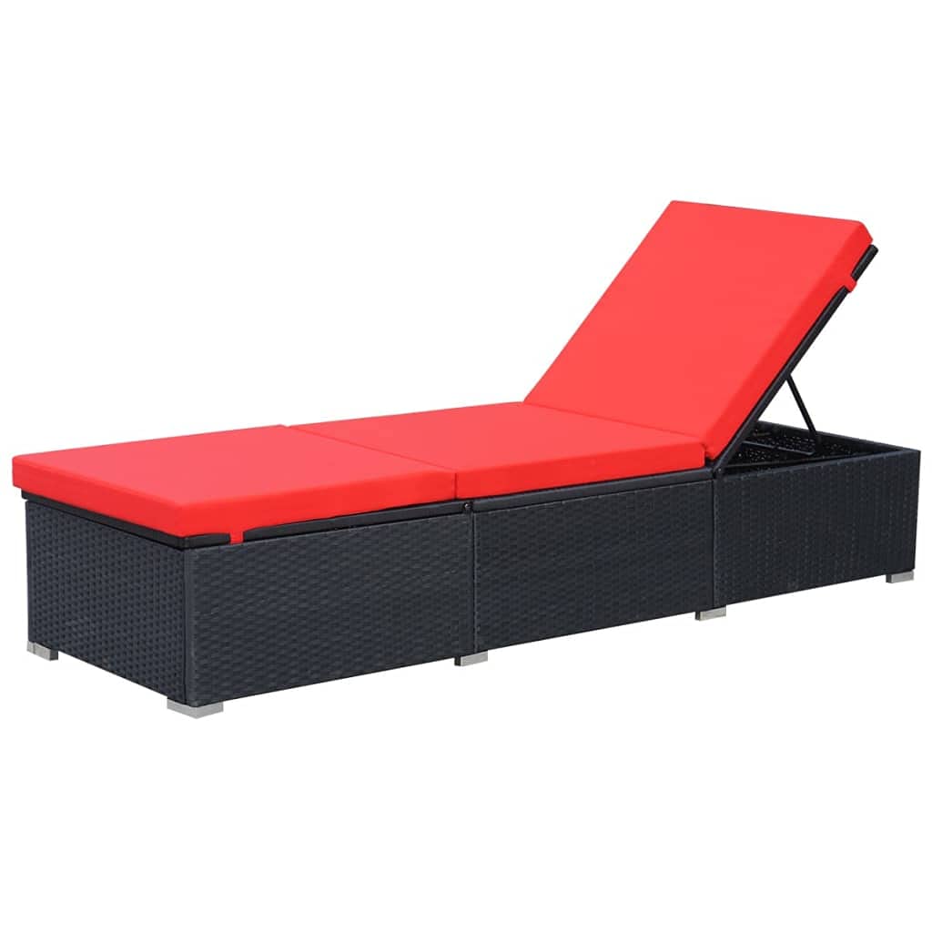 Leżak ogrodowy z poduszką polirattan czarny czerwony regulowany składany wygodny leżak rattanowy z regulowanym oparciem na taras basen ogród 195x60x31 cm