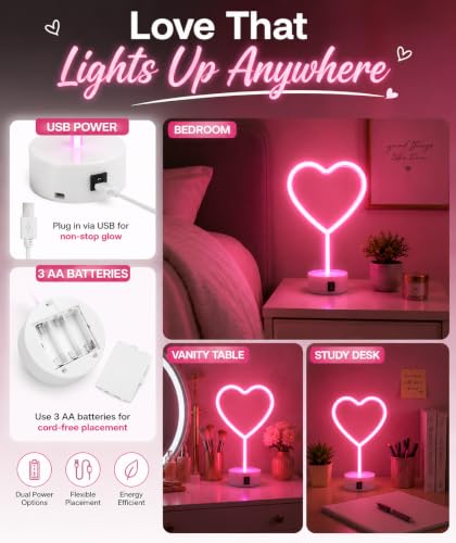 Image of Quace Heart Neon Light Pink LED Lamp for Room Decor, Dual Power USB & 3 AA Batteries, Romantic Heart Shape Night Light for Bedroom, Girls Room Decor, Desk Decor, Valentine's Gift, Birthday Gift