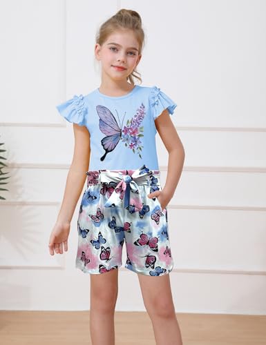 Image of mksodop Girls outfits 2-Piece ruffled short sleeve butterfly floral print high waist floral shorts girls summer clothes