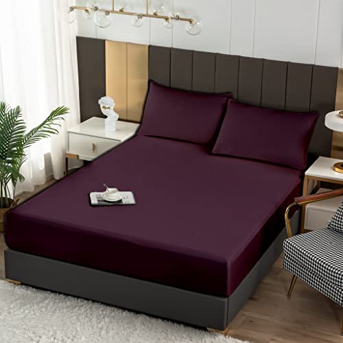 Precious Star Linen King Fitted Sheet - 100% Long Staple Egyptian Cotton Cool & Soft Sateen Weave 16-18 Inch Deep Pocket 1-Piece Fitted Sheet for King Size Bed - Lightweight Crisp- Plum