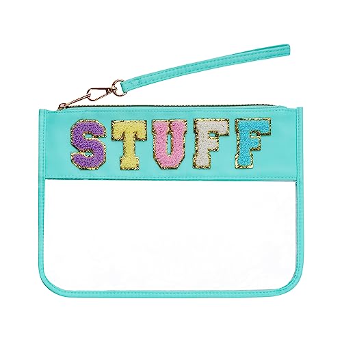 Hmxpls Chenille Letter Bag, Clear Flat Pouches with Zipper, Clear Makeup letter Bag, Multi-purpose Nylon Cosmetic Pouch Bags for Travel, Gym, Beach (Green-Stuff)