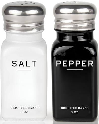 Image of Farmhouse Salt and Pepper Shakers Set by Brighter Barns - Modern Kitchen Decor, Dining Table Countertop Accessory - Rustic, Vintage Glass Shakers with Stainless Steel Lids for Home, Restaurant