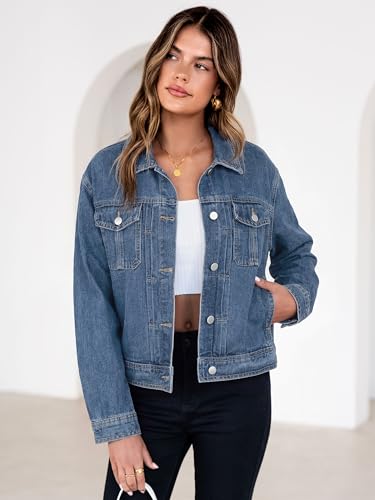 Image of Glamaker Womens Jean Jacket 2026 Casual Basic Trendy Button Down Long Sleeve denim Jacket Coat With Pockets