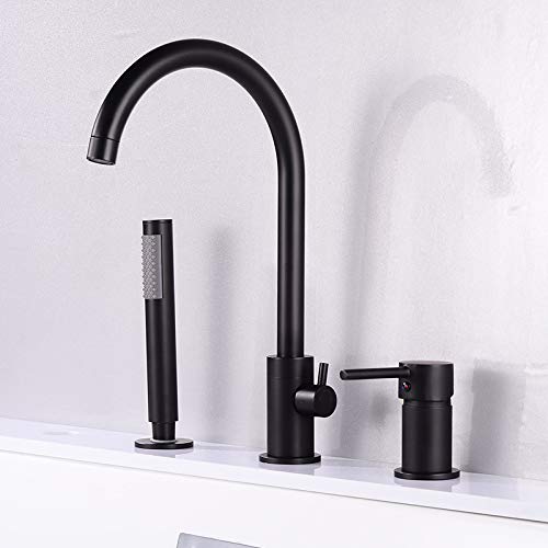 ASerZenith Bathtub Faucets 3 Holes Black Hot Cold Bath Shower Faucet with Hand Shower Deck Mounted Water Mixer Crane(Type A-black)