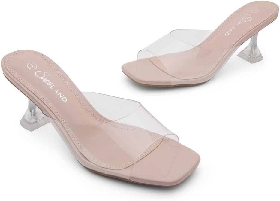 Shoe Land Clear Heels for Women | Kitten Heeled Slides with Square Open Toe | Low Transparent Mules Slip-On Dressy Clear Sandals for Prom, Party & Formal Events - Image 5