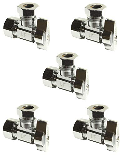 Image of Heavy Duty 1 /2 in. NOM Comp Inlet x 7 /16 in. - 1 /2 in. OD Slip Joint Outlet Chrome Plated Brass 1 /4 Turn Squared Body Angle Valve (5 Pack)