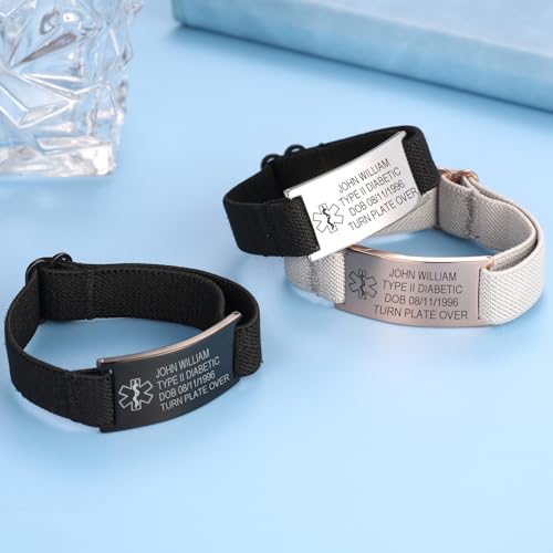 INBLUE Custom Medical Alert ID Bracelets for Men Women Personalized Engraved Text Emergency ID Bracelets Adjustable Nylon & Stainless Steel Wristband for Elderly Epilepsy Diabetic4